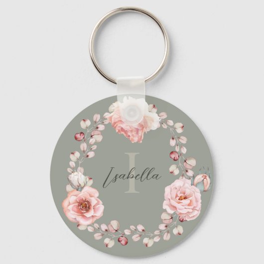 Waterverf Roos krans gepersonaliseerd | Sage Green Sleutelhanger (Achterkant)