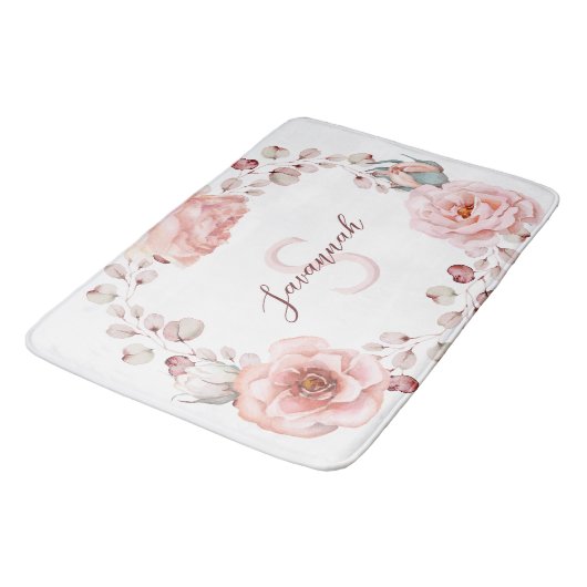 Waterverf Roos krans gepersonaliseerd | Wit Badmat (Gekanteld)