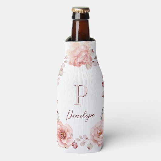 Waterverf Roos krans gepersonaliseerd | Wit Flesjeskoeler (Fles Voorkant)