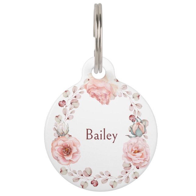 Waterverf Roos krans gepersonaliseerd | Wit Huisdierpenning (Voorkant)