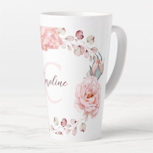 Waterverf Roos krans gepersonaliseerd | Wit Latte Mok (Rechterhoek)