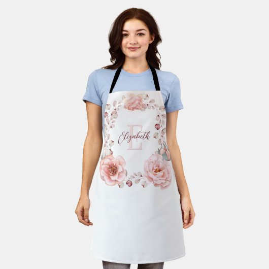 Waterverf Roos krans gepersonaliseerd | Wit Schort (Gedragen)