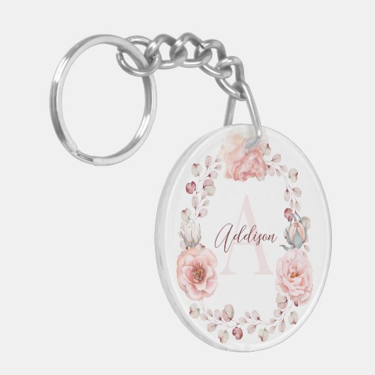 Waterverf Roos krans gepersonaliseerd | Wit Sleutelhanger (Voorkant Links)