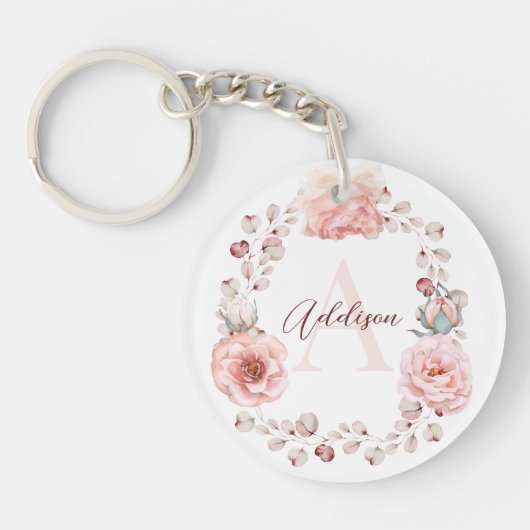 Waterverf Roos krans gepersonaliseerd | Wit Sleutelhanger (Voorkant)