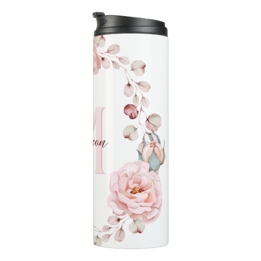 Waterverf Roos krans gepersonaliseerd | Wit Thermosbeker (Geroteerd rechts)