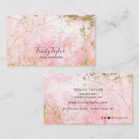 Waterverf Roos Kwartz en Faux Gold Foil Visitekaartje (Voorkant / Achterkant)