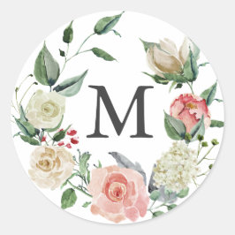 Waterverf Roos monogram Ronde Sticker