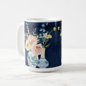 Waterverf Roos Peony Flowers Navy Blue Wood Koffiemok (Voorkant links)