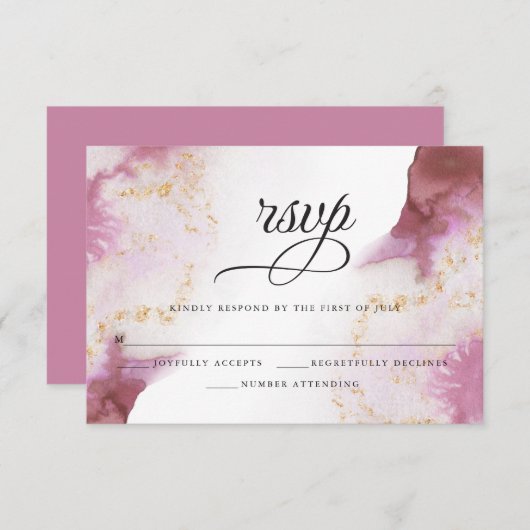 Waterverf Roos Quartz Gold Geode BarefootBride™ RSVP Kaartje (Voorkant / Achterkant)