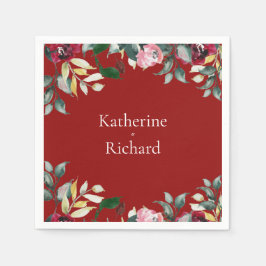 Waterverf Roos Rode Bloemen Trouwcocktail Servet