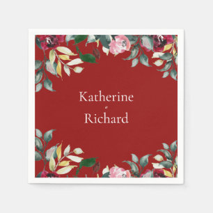 Waterverf Roos Rode Bloemen Trouwcocktail Servet