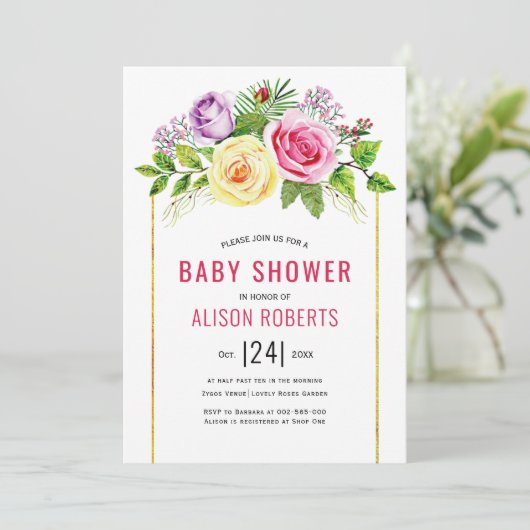 Waterverf roos roze roze meisje baby shower kaart (Staand voorkant)