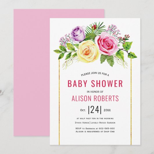 Waterverf roos roze roze meisje baby shower kaart (Voorkant / Achterkant)