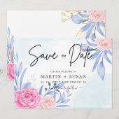 Waterverf Roos Roze Troebel Blauwe Blauwe Woningen Save The Date (Voorkant / Achterkant)