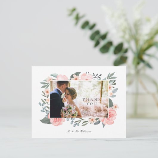 Waterverf Roos & Sage Greenery Wedding Dank u Briefkaart (Staand voorkant)