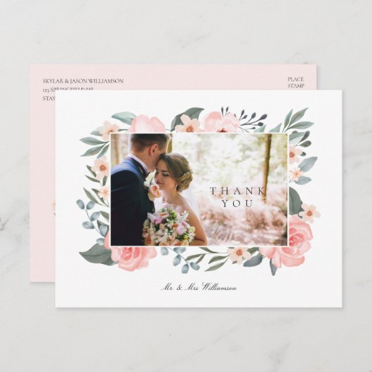 Waterverf Roos & Sage Greenery Wedding Dank u Briefkaart (Voorkant / Achterkant)
