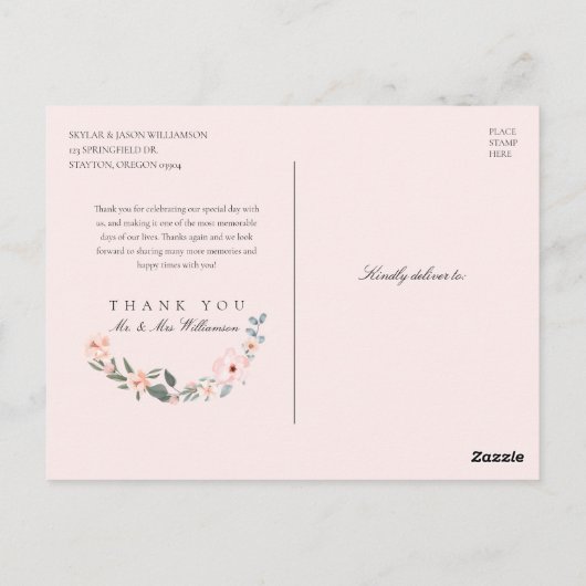 Waterverf Roos & Sage Greenery Wedding Dank u Briefkaart (Achterkant)