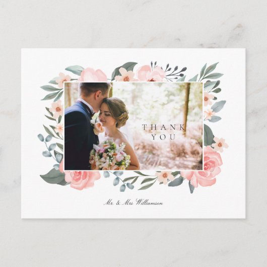 Waterverf Roos & Sage Greenery Wedding Dank u Briefkaart (Voorkant)