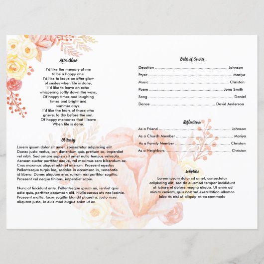 WATERVERF ROOS | Sjabloon van het begrafenisprogra (Achterkant)