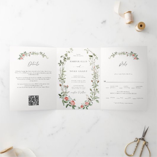 Waterverf Roos Vines Bird Chic Alles in een bruilo Drieluik Uitnodiging (Binnen)