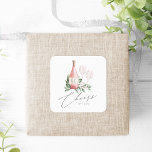 Waterverf Roos Wijn Botanische kaas tot liefde Vierkante Sticker<br><div class="desc">Deze elegante wijn die de stickers proeft, is perfect voor vrijgezellenfeesten, verlovingspartijen of repetitieve diners die in een wijngaard, een proefruimte of een wijngaard worden gehost. Het ontwerp is voorzien van een flesje roos wijn en twee wijnglazen en van groene waterverf eucalyptusbladeren en -bladeren. "Cheers to Love" wordt weergegeven in...</div>