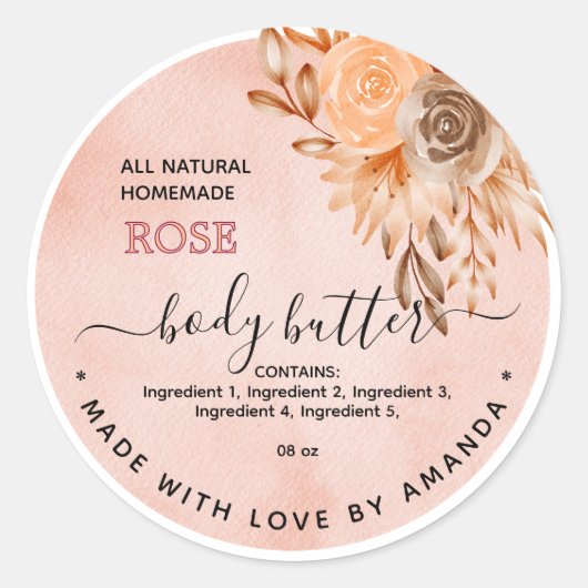 Waterverf Roos Zelfgemaakte Body Butter Label (Voorkant)