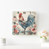 Waterverf Rooster and Flowers Vierkante Klok (Huis)