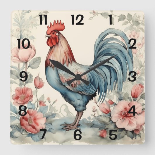 Waterverf Rooster and Flowers Vierkante Klok (Voorkant)