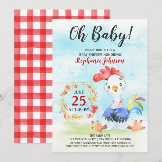 Waterverf Rooster Baby shower Boerderij Invitation Kaart (Voorkant / Achterkant)