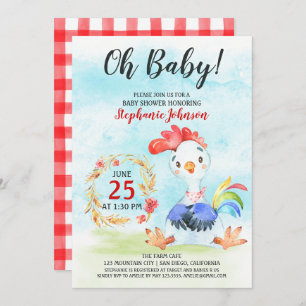 Waterverf Rooster Baby shower Boerderij Invitation Kaart