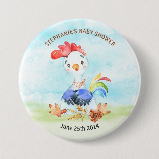 Waterverf Rooster Baby shower Boerderij Ronde Button 7,6 Cm (Voorkant)