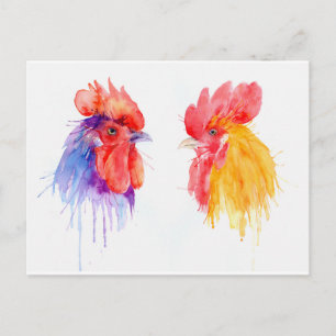 waterverf Rooster Portret twee roosters Briefkaart