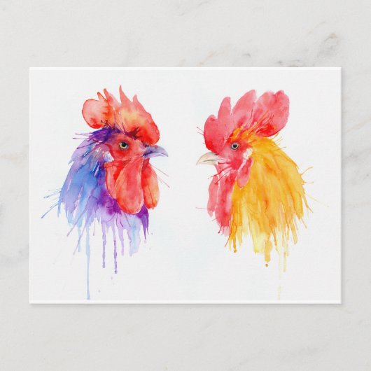 waterverf Rooster Portret twee roosters Briefkaart (Voorkant)