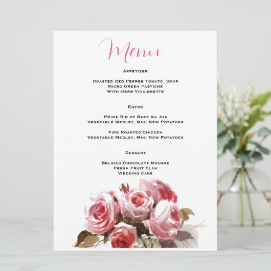 Waterverf Rose Boeket Trouwreceptie Menu (Staand voorkant)