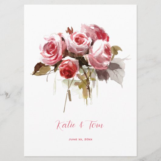 Waterverf Rose Boeket Trouwreceptie Menu (Achterkant)