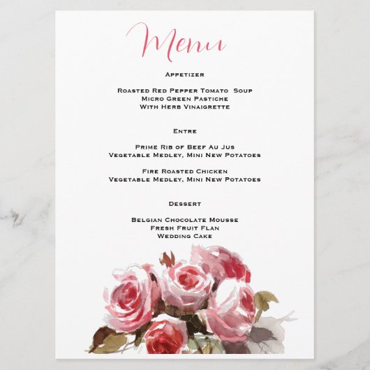 Waterverf Rose Boeket Trouwreceptie Menu (Voorkant)