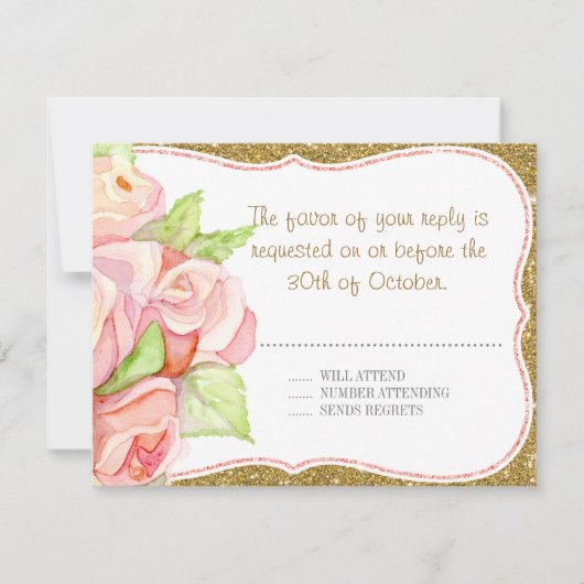 Waterverf Rose Bouquet Gold Blush Pink RSVP (Voorkant)