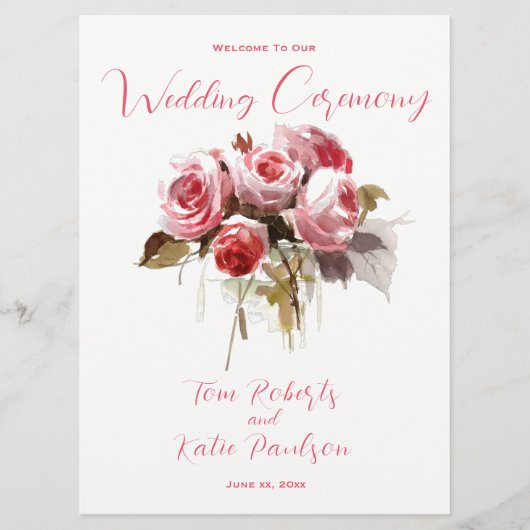 Waterverf Rose Bouquet Wedding Programmakaart (Voorkant)