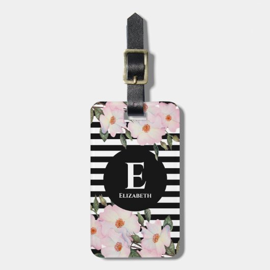 Waterverf Roses Ballerina Stripes Monogram Bagagelabel (Voorkant verticaal)