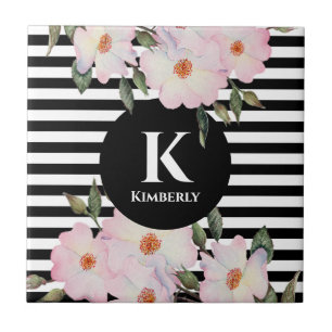 Waterverf Roses Ballerina Stripes Monogram Tegeltje