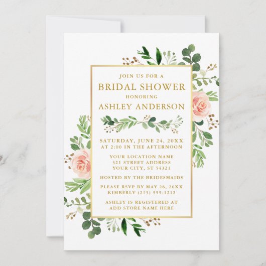 Waterverf Roses Greenery Vrijgezellenfeest Gold Kaart (Voorkant)