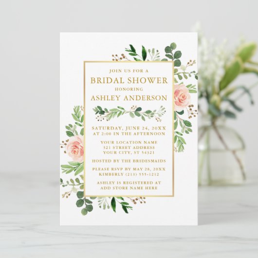 Waterverf Roses Greenery Vrijgezellenfeest Gold Kaart (Staand voorkant)