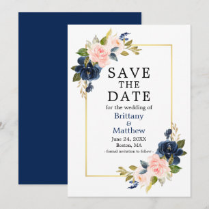 Waterverf Roses Navy Blue Gold Lijst Save The Date
