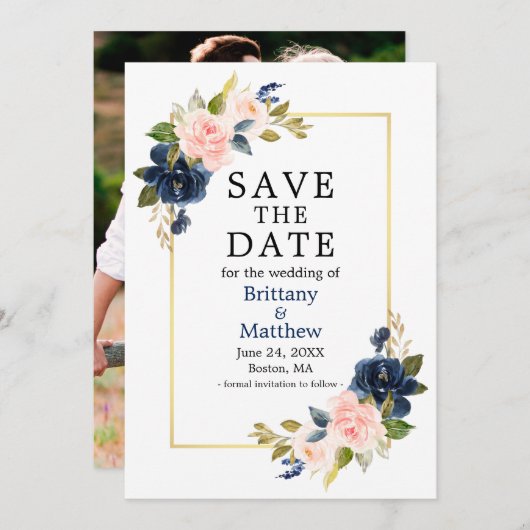 Waterverf Roses Navy Blue Photo Gold Lijst Save The Date (Voorkant / Achterkant)