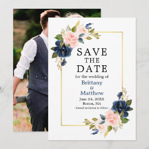 Waterverf Roses Navy Blue Photo Gold Lijst Save The Date