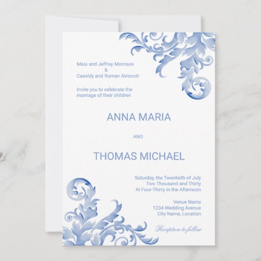 Waterverf Royal Blue Flourish Wedding Invitation Kaart (Voorkant)