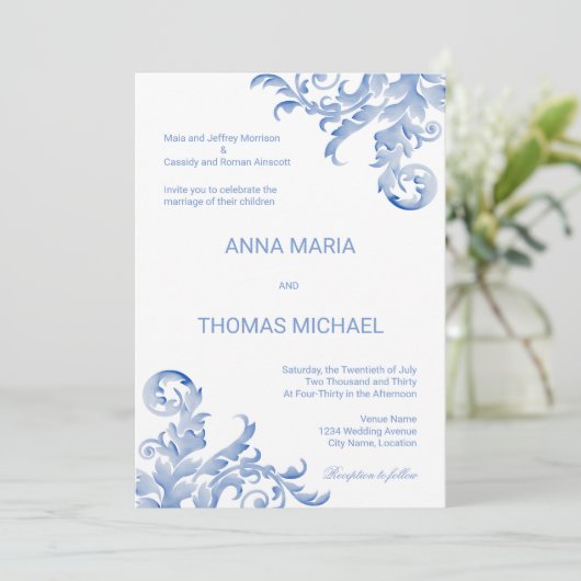 Waterverf Royal Blue Flourish Wedding Invitation Kaart (Staand voorkant)