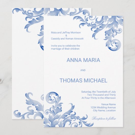Waterverf Royal Blue Flourish Wedding Invitation Kaart (Voorkant / Achterkant)