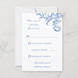 Waterverf Royal Blue Flourish Wedding RSVP Kaart