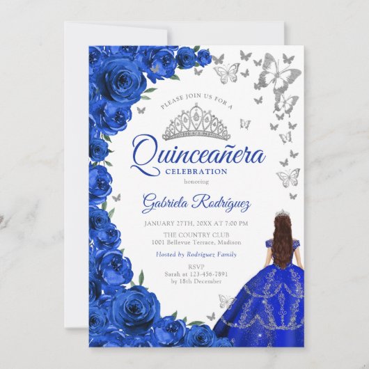 Waterverf Royal Blue Rozen Bloemen Quinceanera Kaart (Voorkant)